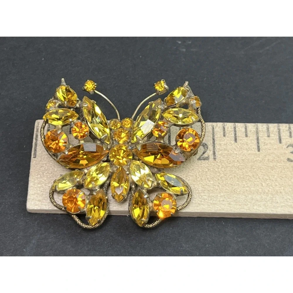 Vintage REGENCY Butterfly Brooch Orange & Yellow Rhinestones Gold Tone Signed